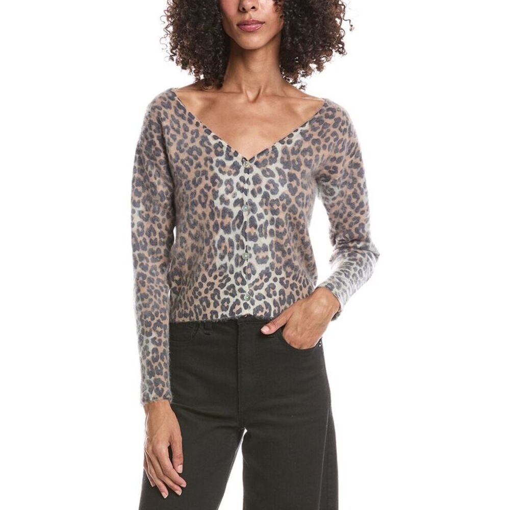 Brodie Cashmere Womens  Belle Brushed Leopard Button Back 100% Cashmere Sweater,